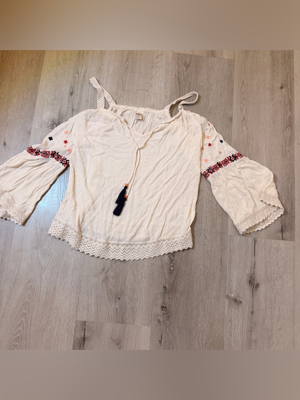 Bila Cream Cold-Shoulder Peasant Blouse with Embroidered Sleeves